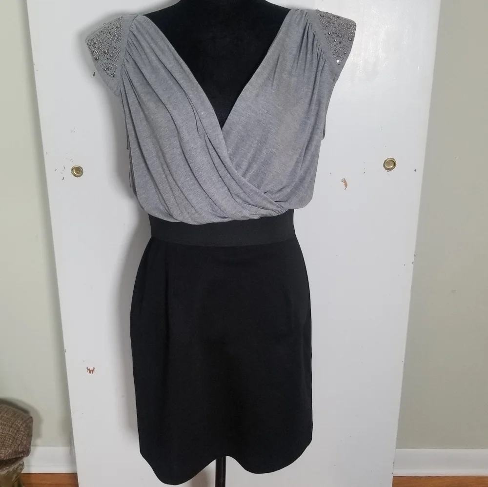 Allen B Military Inspired 2 Tone Mini Dress, Capped Studded Sleeves Black Gray M - Picture 2 of 9